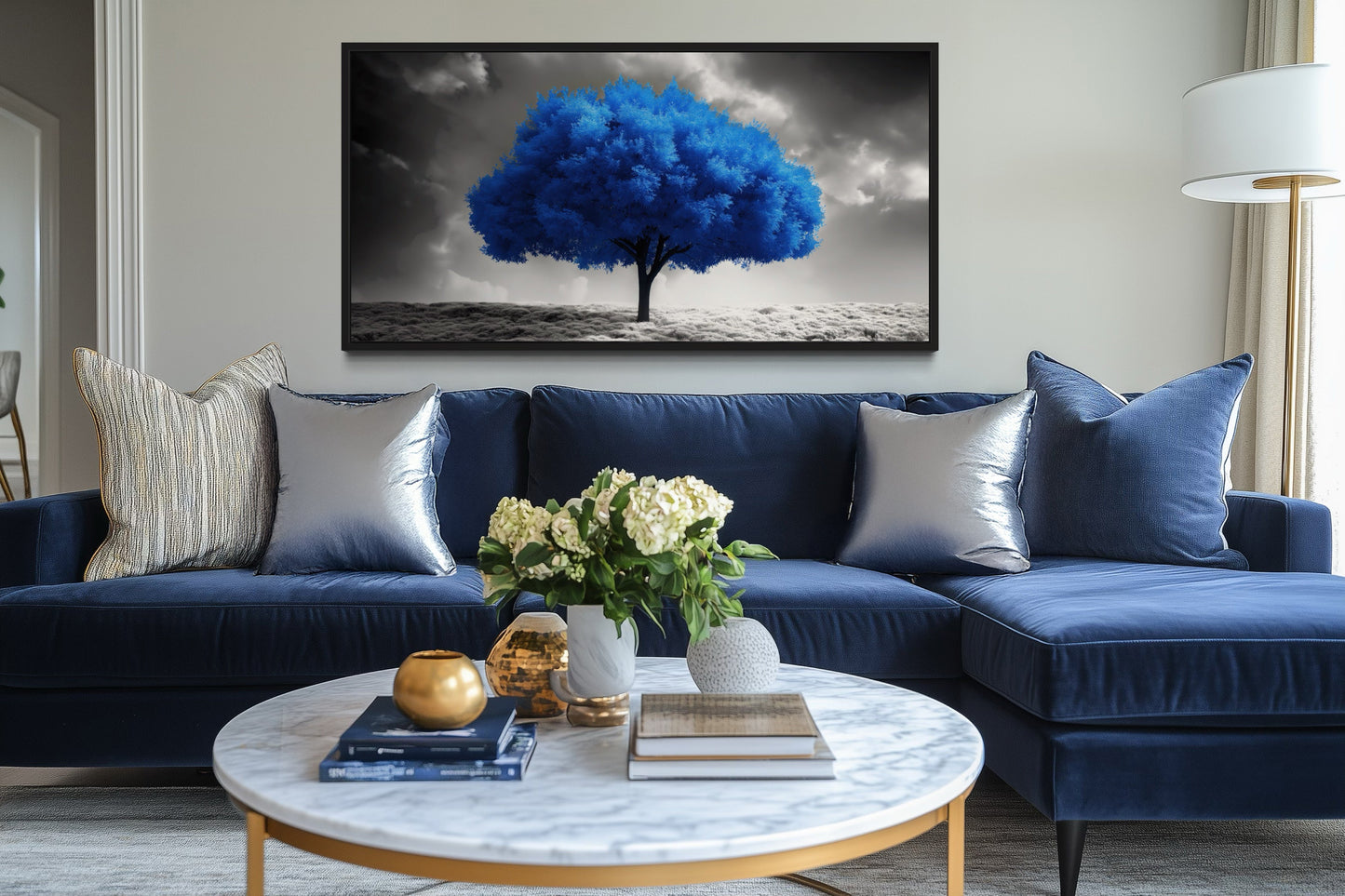 Blue Tree on Black White Background Framed Canvas Wall Art