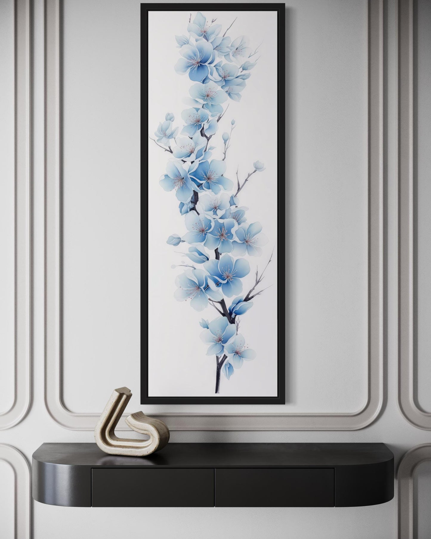 Blue Watercolor Floral Sakura Blossom Vertical Narrow Canvas Wall Art