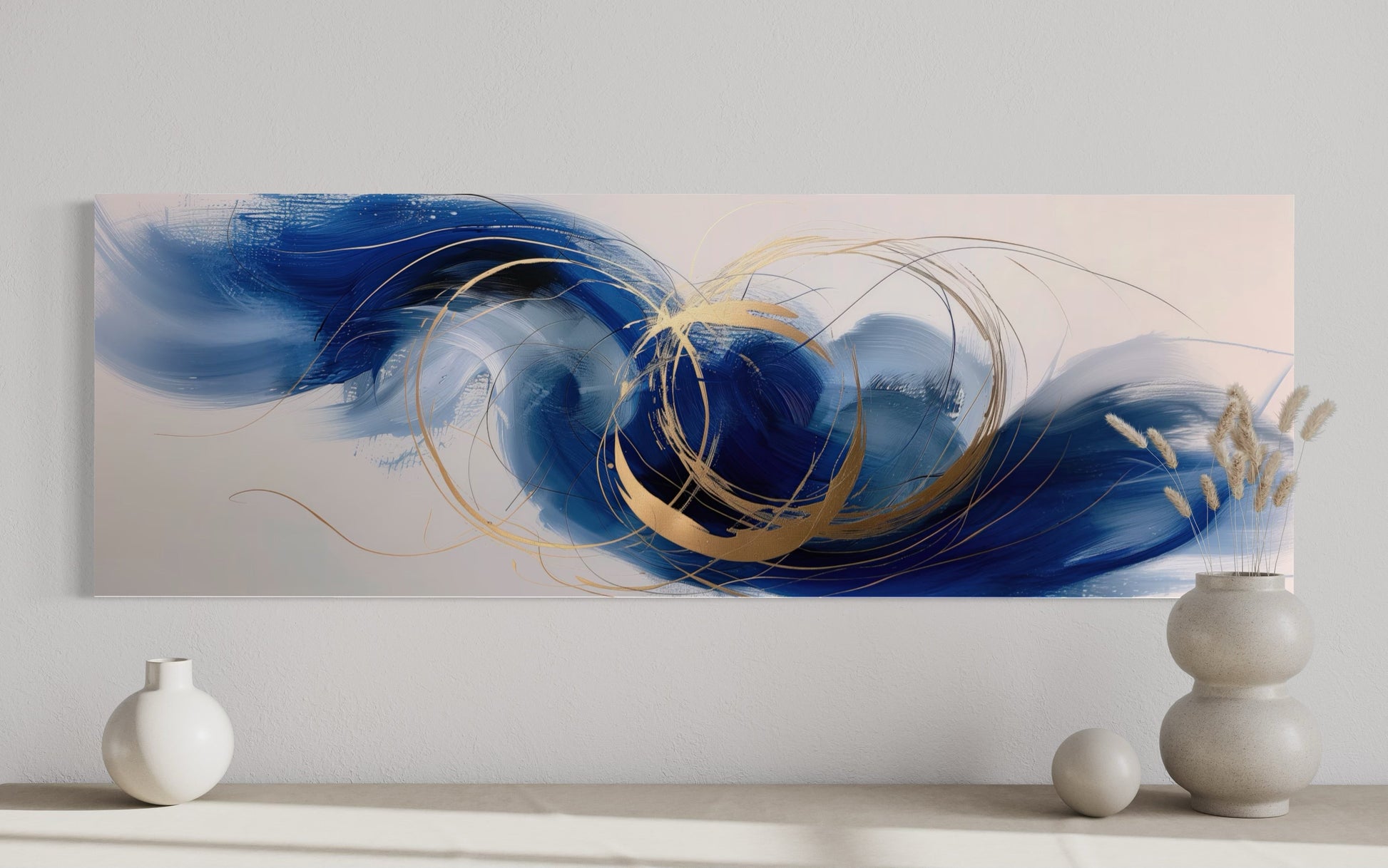 Blue White Gold Minimalist Abstract Narrow Horizontal Above Bed Wall Art