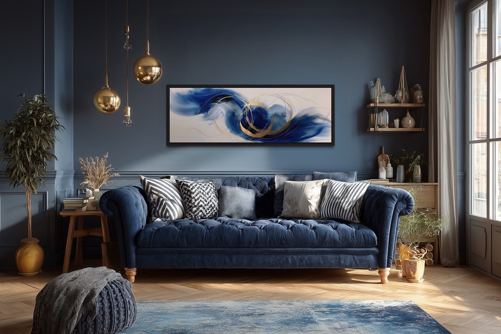 Blue White Gold Minimalist Abstract Narrow Horizontal Above Bed Wall Art