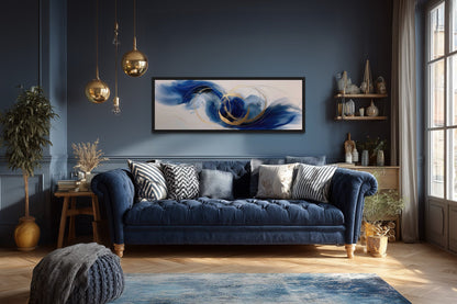 Blue White Gold Minimalist Abstract Narrow Horizontal Above Bed Wall Art
