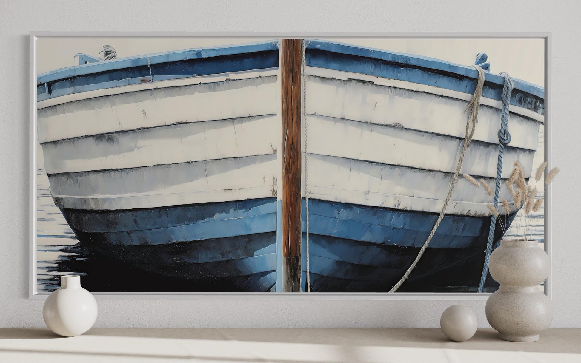 Blue White Rustic Boat Painting Canvas Wall Art