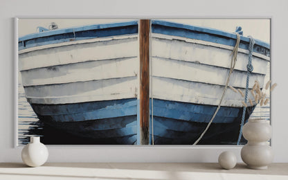 Blue White Rustic Boat Painting Canvas Wall Art