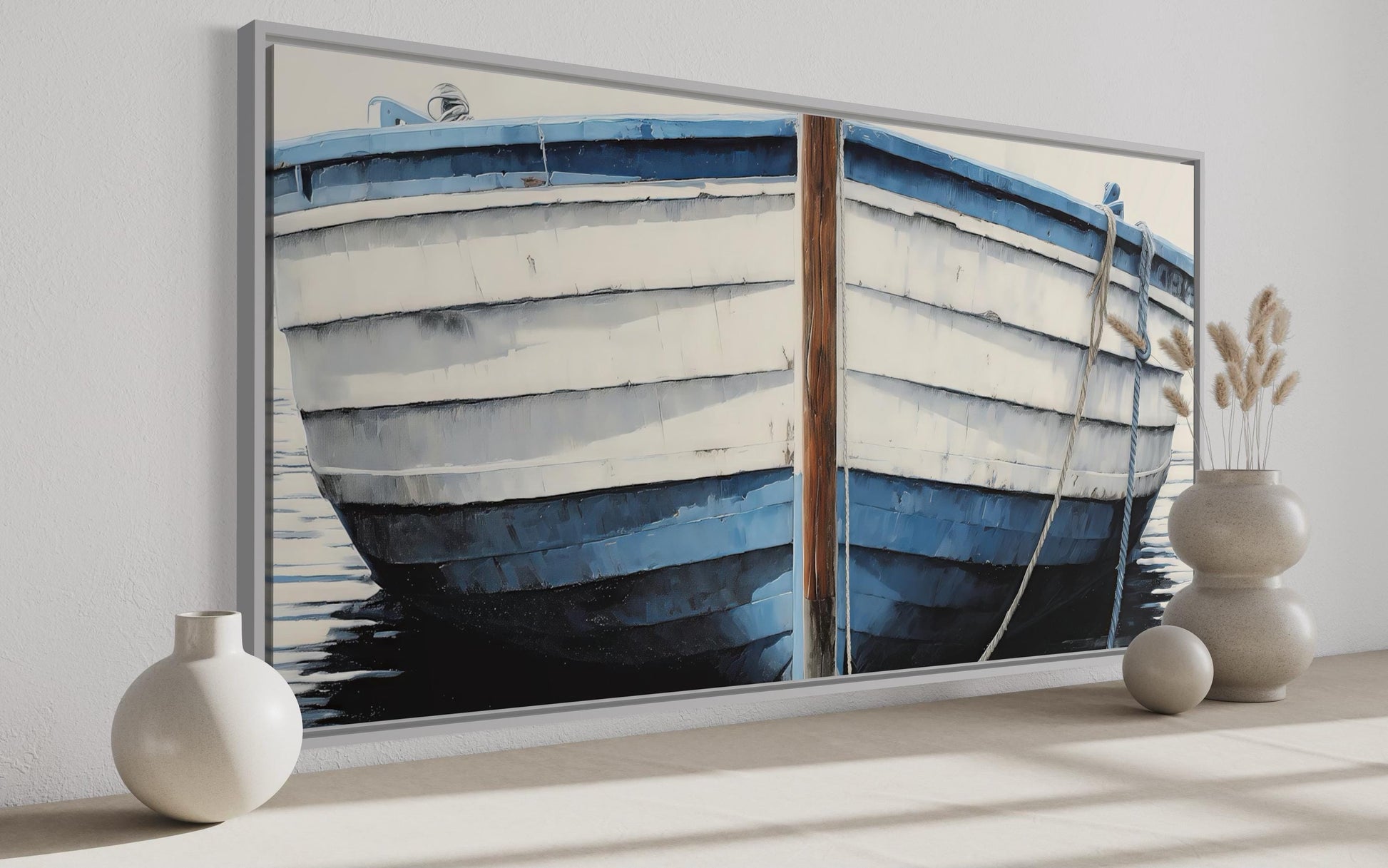 Blue White Rustic Boat Painting Canvas Wall Art
