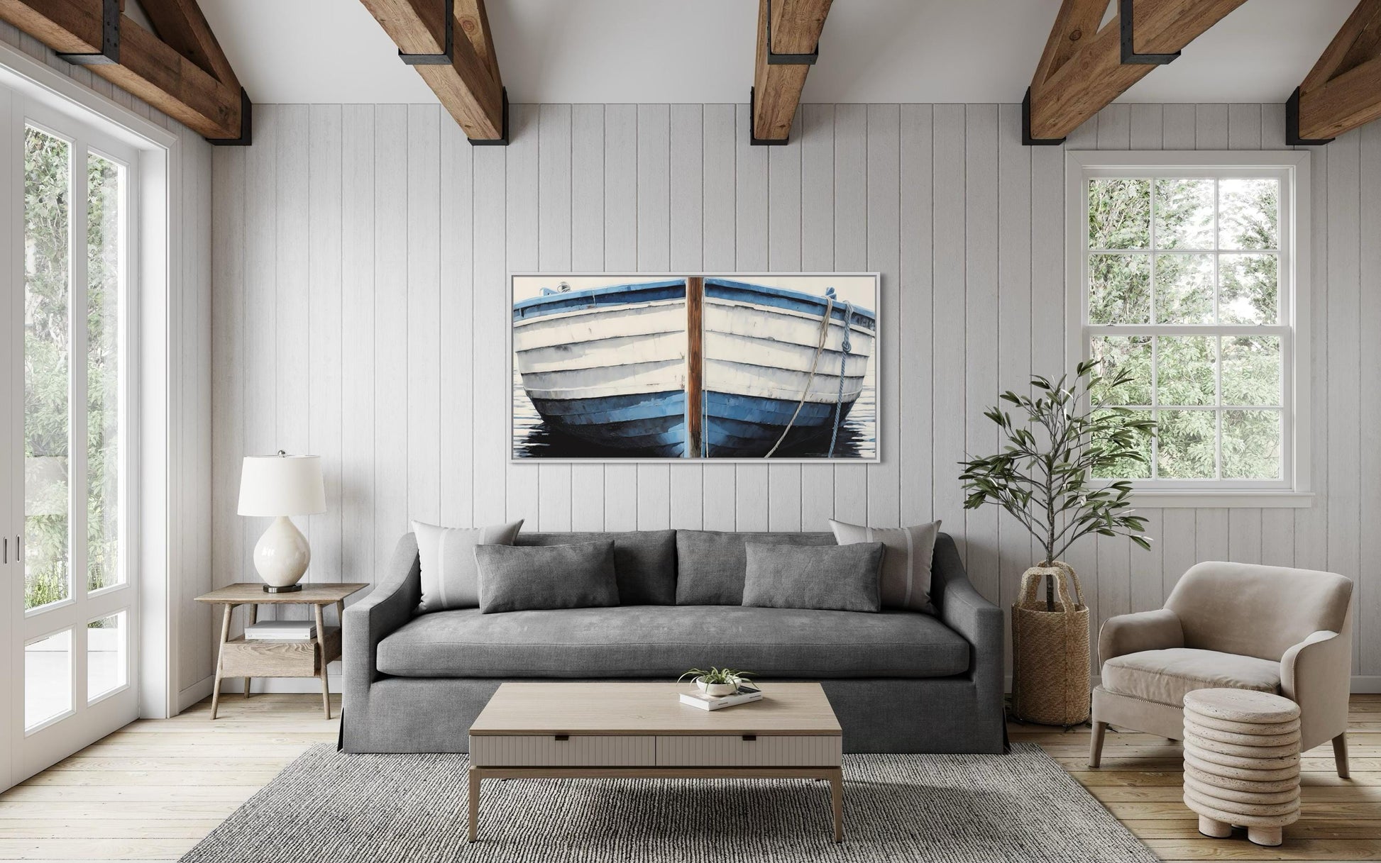 Blue White Rustic Boat Painting Canvas Wall Art