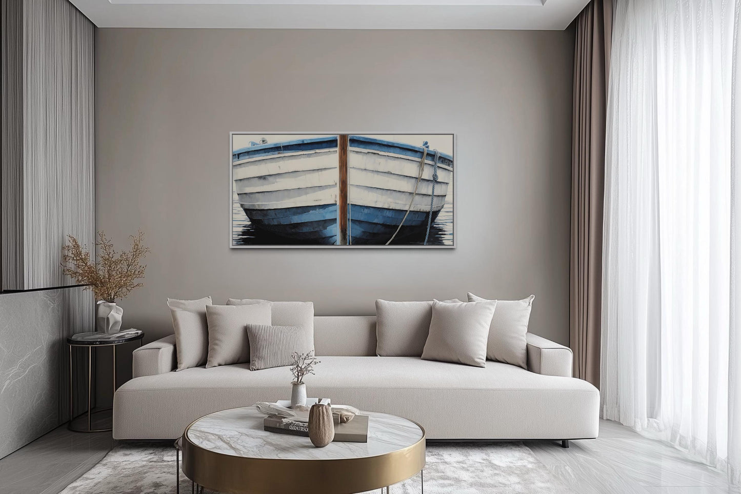 Blue White Rustic Boat Painting Canvas Wall Art