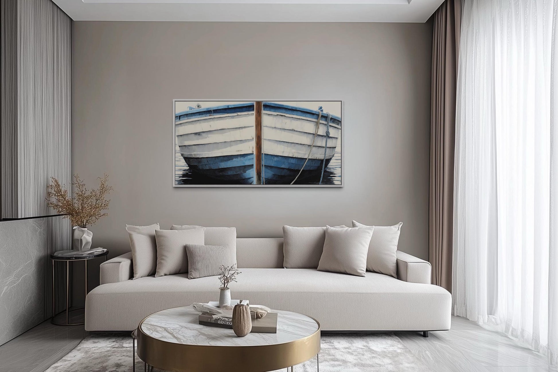 Blue White Rustic Boat Painting Canvas Wall Art
