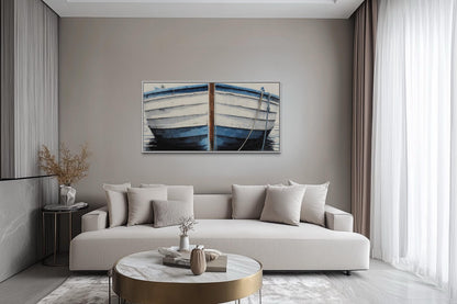 Blue White Rustic Boat Painting Canvas Wall Art