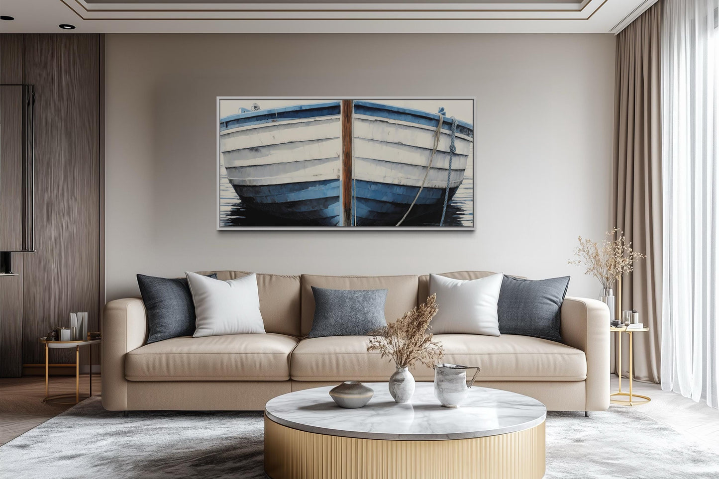 Blue White Rustic Boat Painting Canvas Wall Art
