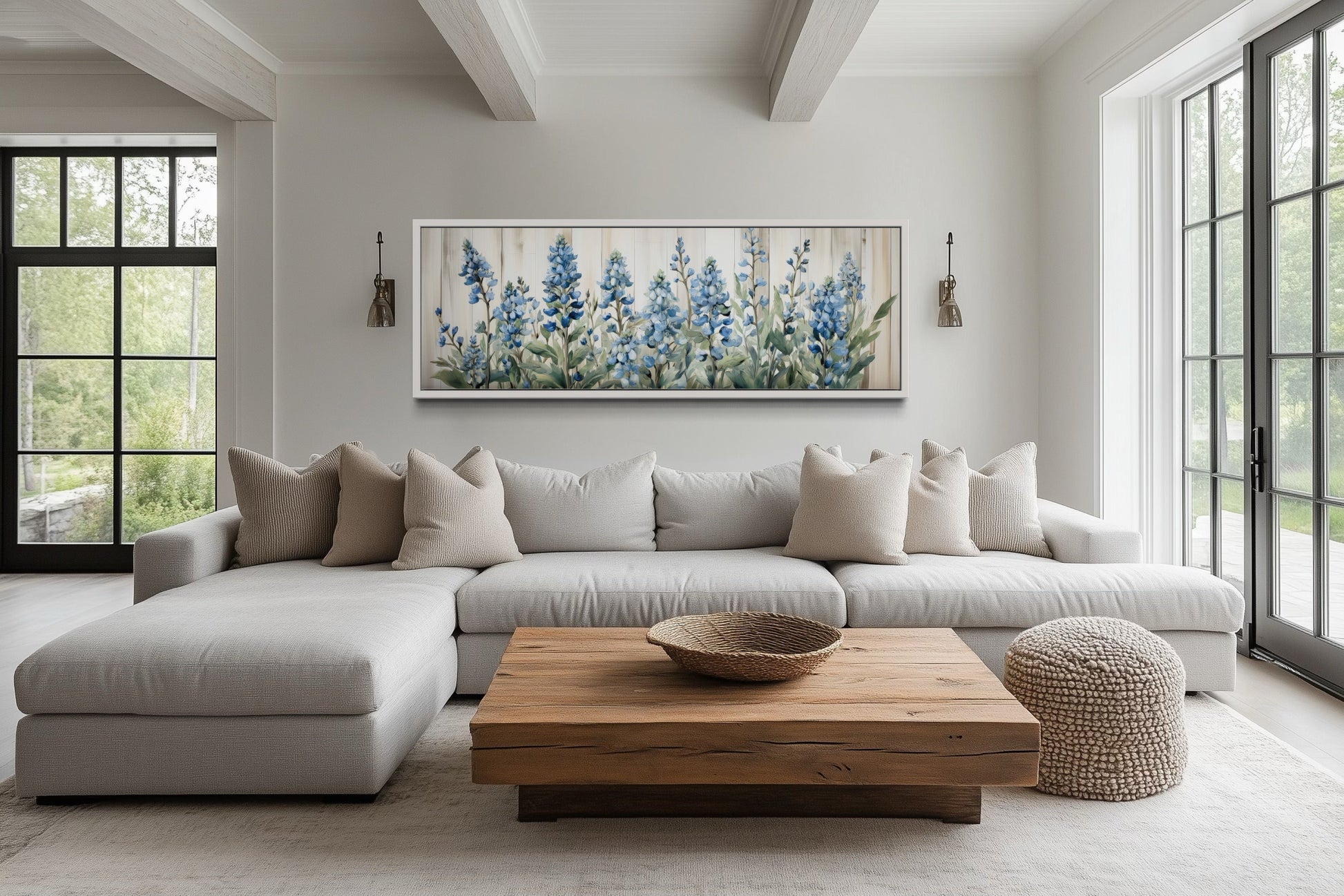 Blue Wildflowers Horizontal Framed Canvas Wall Art For Above Bed Decor