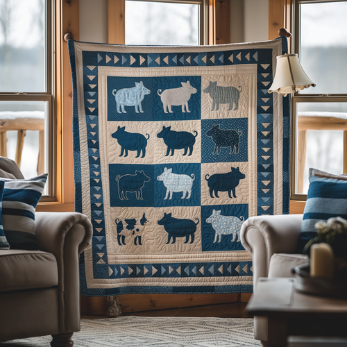Blue Barnyard Pig Quilted Blanket - Throw (55" x 60")