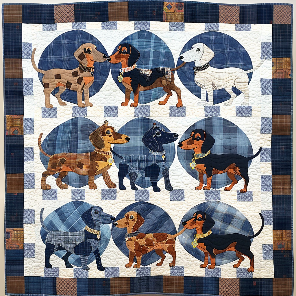 Blue Charming Dachshund Quilted Blanket - Throw (55" x 60")