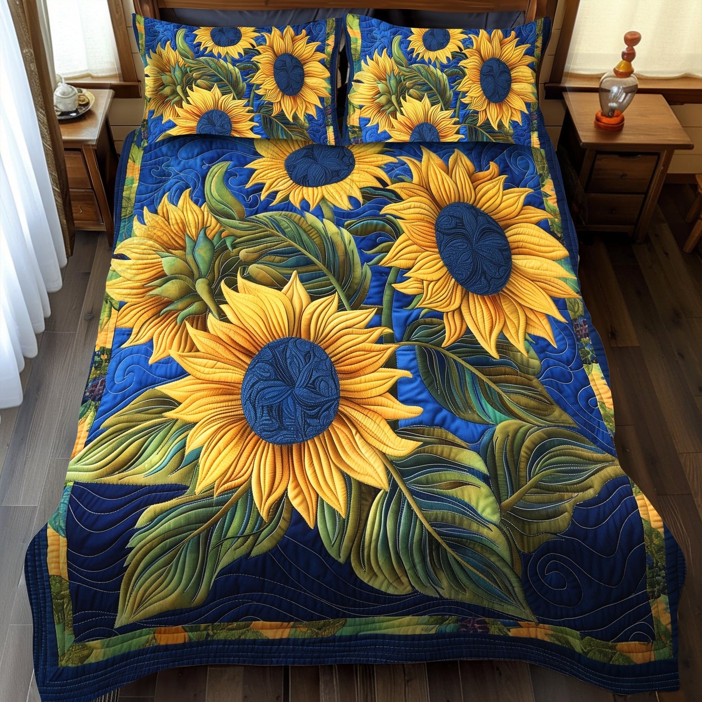 Blue Night Sunflower 3-Piece Quilted Bedding Set - Single (59" x 70")