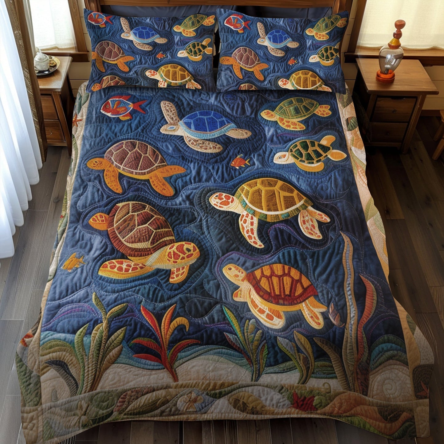 Single (59'' x 70'') /Blue Ocean Turtle 3-Piece Quilted Bedding Set