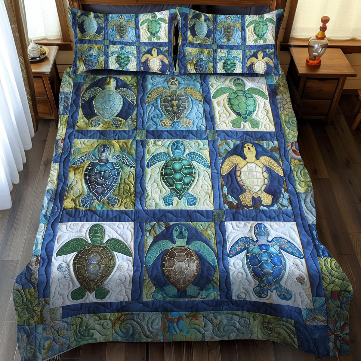 Single (59'' x 70'') /Blue Reef Turtle 3-Piece Quilted Bedding Set