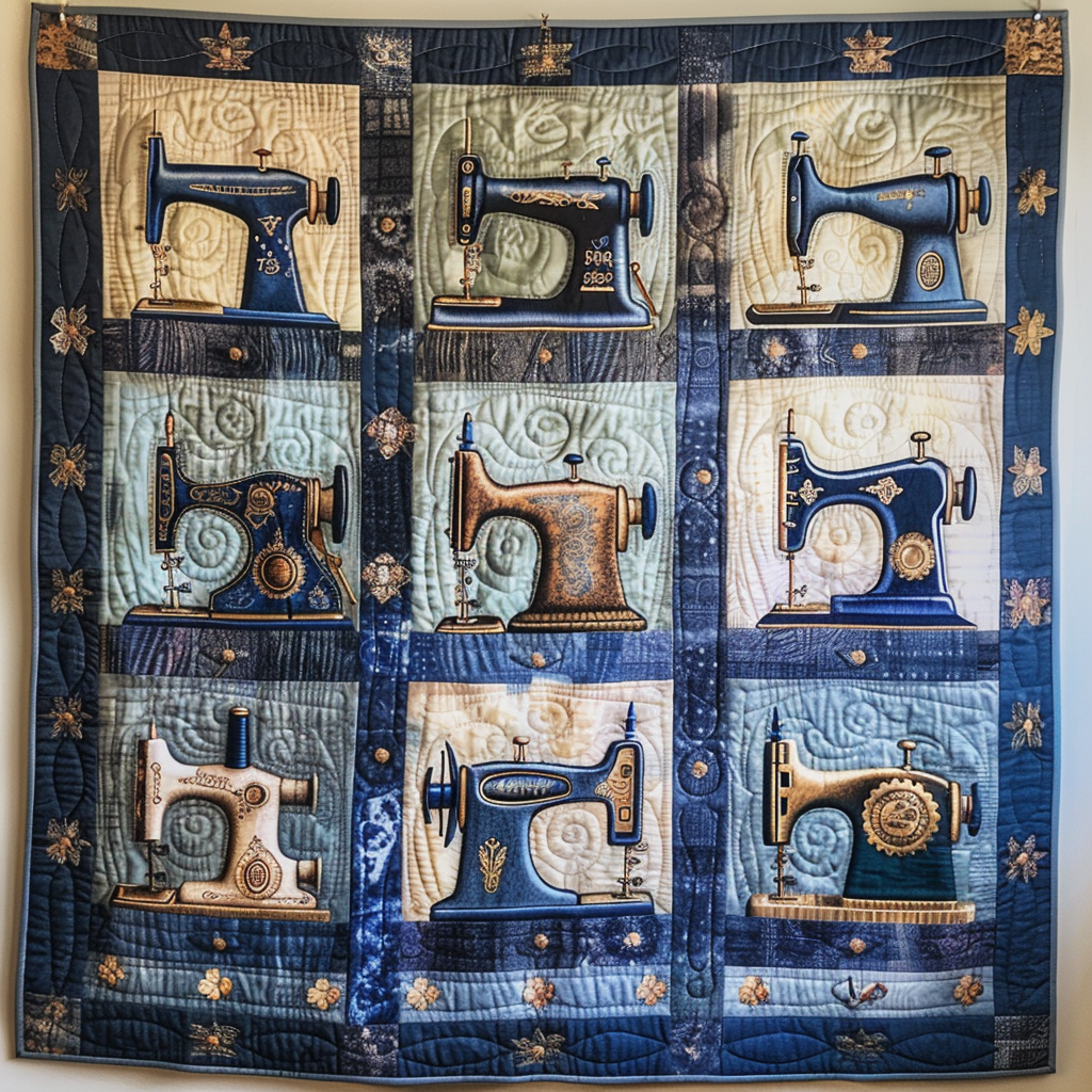 Blue Sewing Machine Quilted Blanket - Throw (55" x 60")