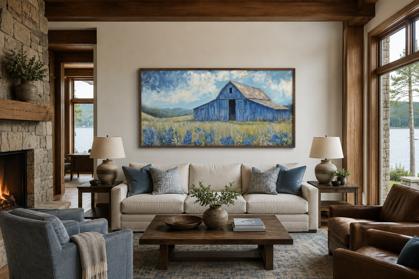 Blue Barn And Bluebonnets Rustic Framed Canvas Wall Decor