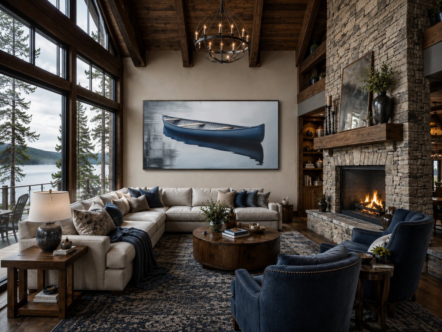 Blue Canoe Wall Art – Framed Canvas Lake House Decor With Serene Water Scene