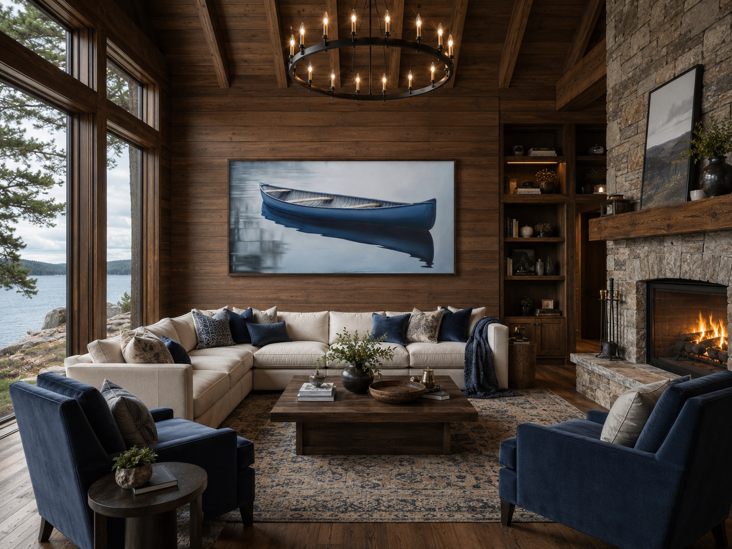 Blue Canoe Wall Art – Framed Canvas Lake House Decor With Serene Water Scene