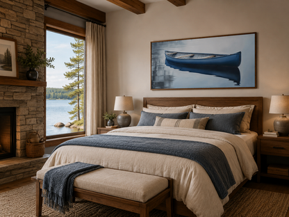 Blue Canoe Wall Art – Framed Canvas Lake House Decor With Serene Water Scene