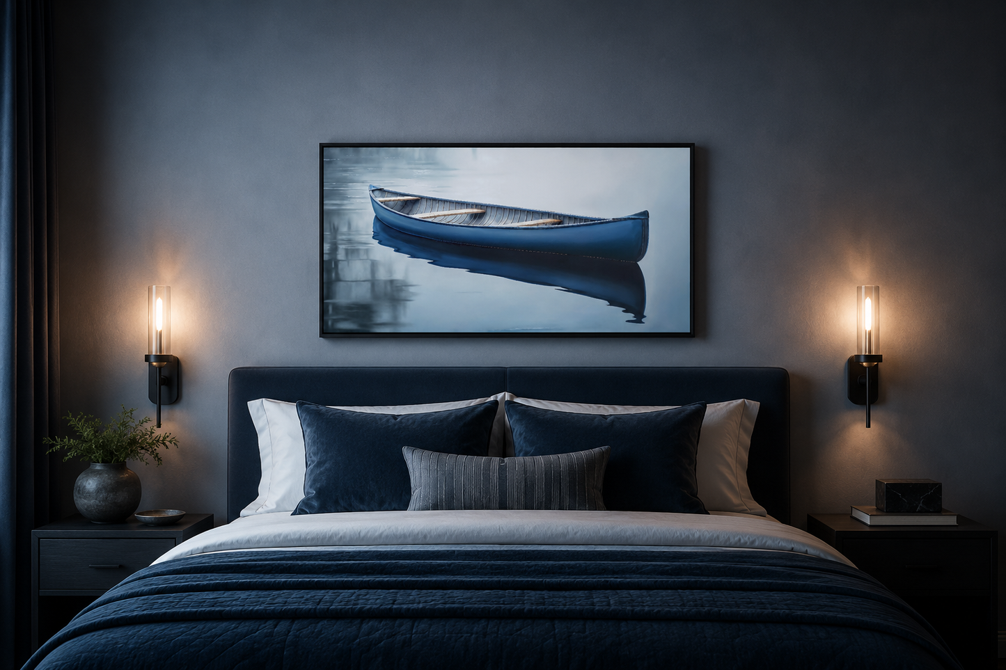 Blue Canoe Wall Art – Framed Canvas Lake House Decor With Serene Water Scene