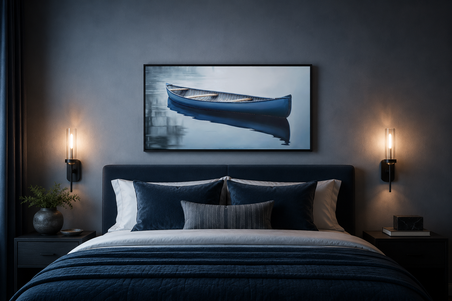 Blue Canoe Wall Art – Framed Canvas Lake House Decor With Serene Water Scene