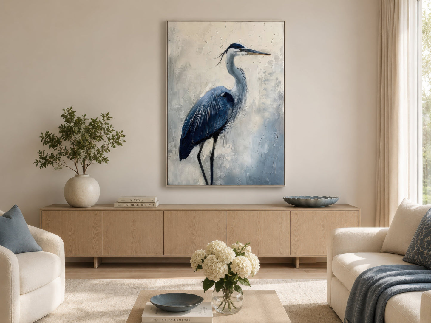 Blue Heron Abstract Painting Coastal Framed Canvas Wall Art