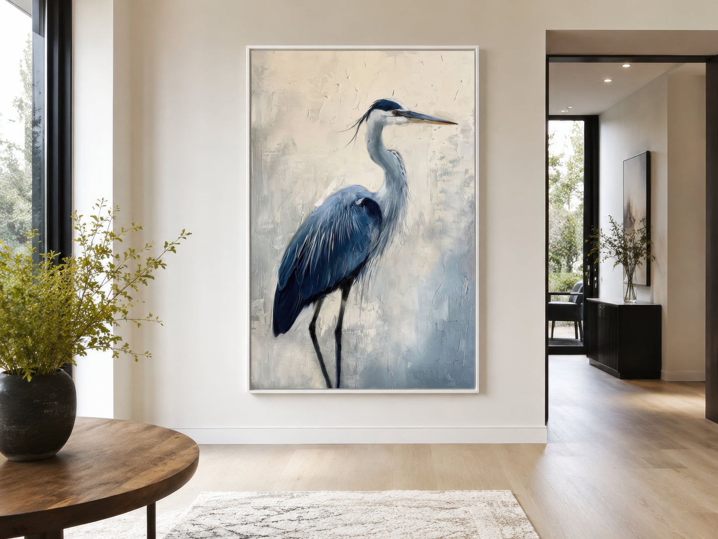 Blue Heron Abstract Painting Coastal Framed Canvas Wall Art