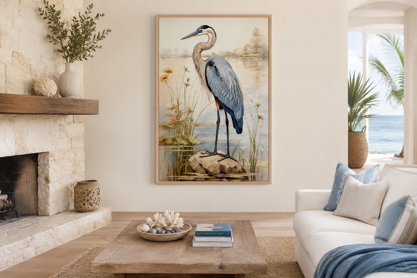 Blue Heron Vintage Framed Coastal Canvas Wall Art for Beach House
