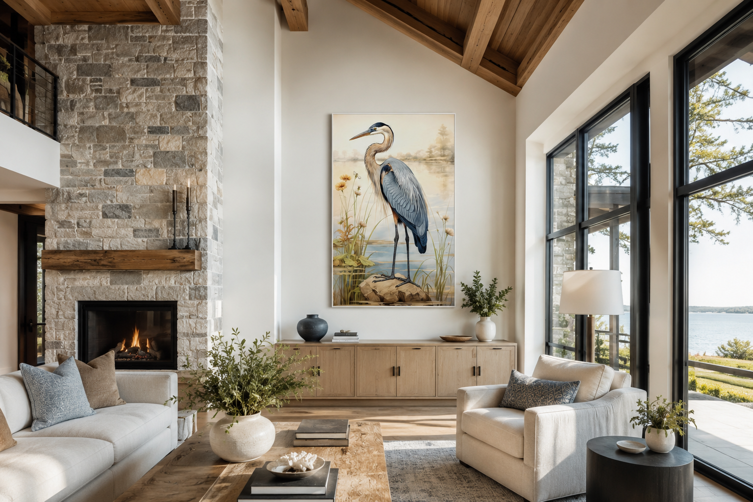 Blue Heron Vintage Framed Coastal Canvas Wall Art for Beach House
