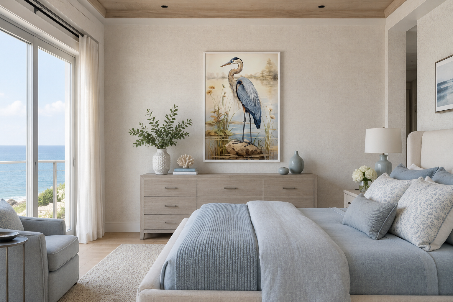 Blue Heron Vintage Framed Coastal Canvas Wall Art for Beach House