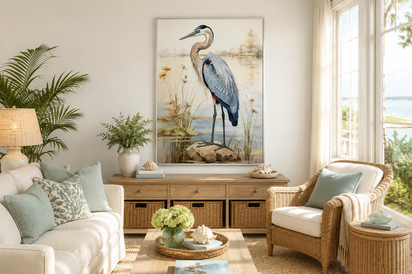 Blue Heron Vintage Framed Coastal Canvas Wall Art for Beach House