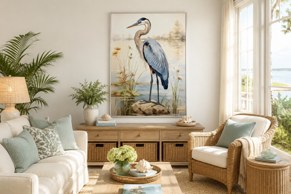 Blue Heron Vintage Framed Coastal Canvas Wall Art for Beach House