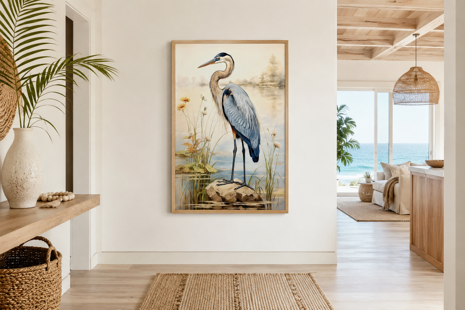 Blue Heron Vintage Framed Coastal Canvas Wall Art for Beach House