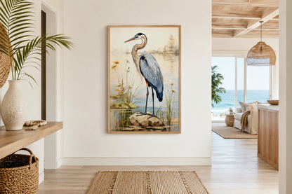 Blue Heron Vintage Framed Coastal Canvas Wall Art for Beach House