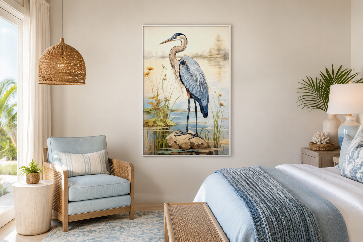 Blue Heron Vintage Framed Coastal Canvas Wall Art for Beach House
