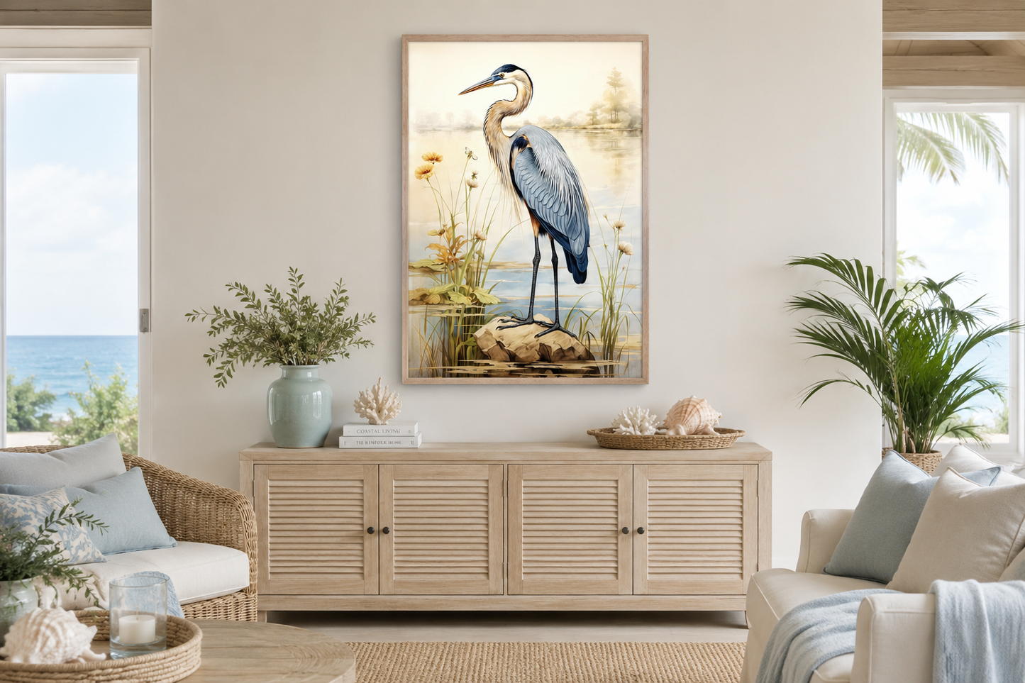 Blue Heron Vintage Framed Coastal Canvas Wall Art for Beach House