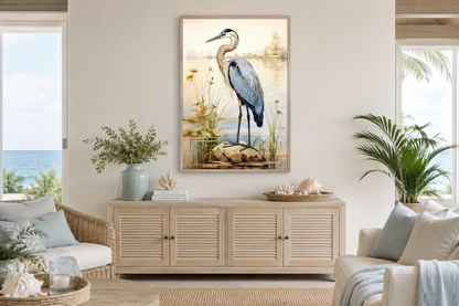 Blue Heron Vintage Framed Coastal Canvas Wall Art for Beach House