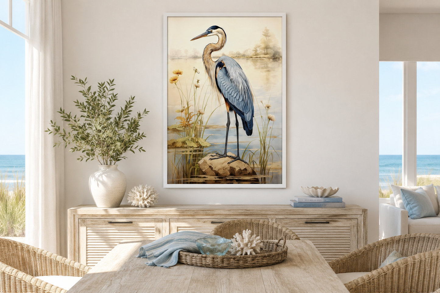 Blue Heron Vintage Framed Coastal Canvas Wall Art for Beach House