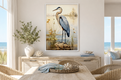Blue Heron Vintage Framed Coastal Canvas Wall Art for Beach House