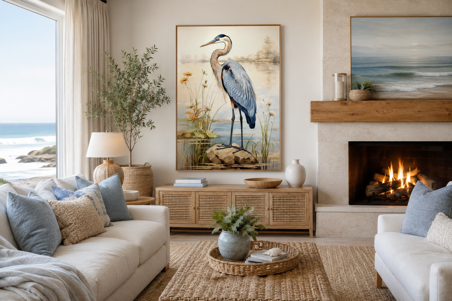 Blue Heron Vintage Framed Coastal Canvas Wall Art for Beach House