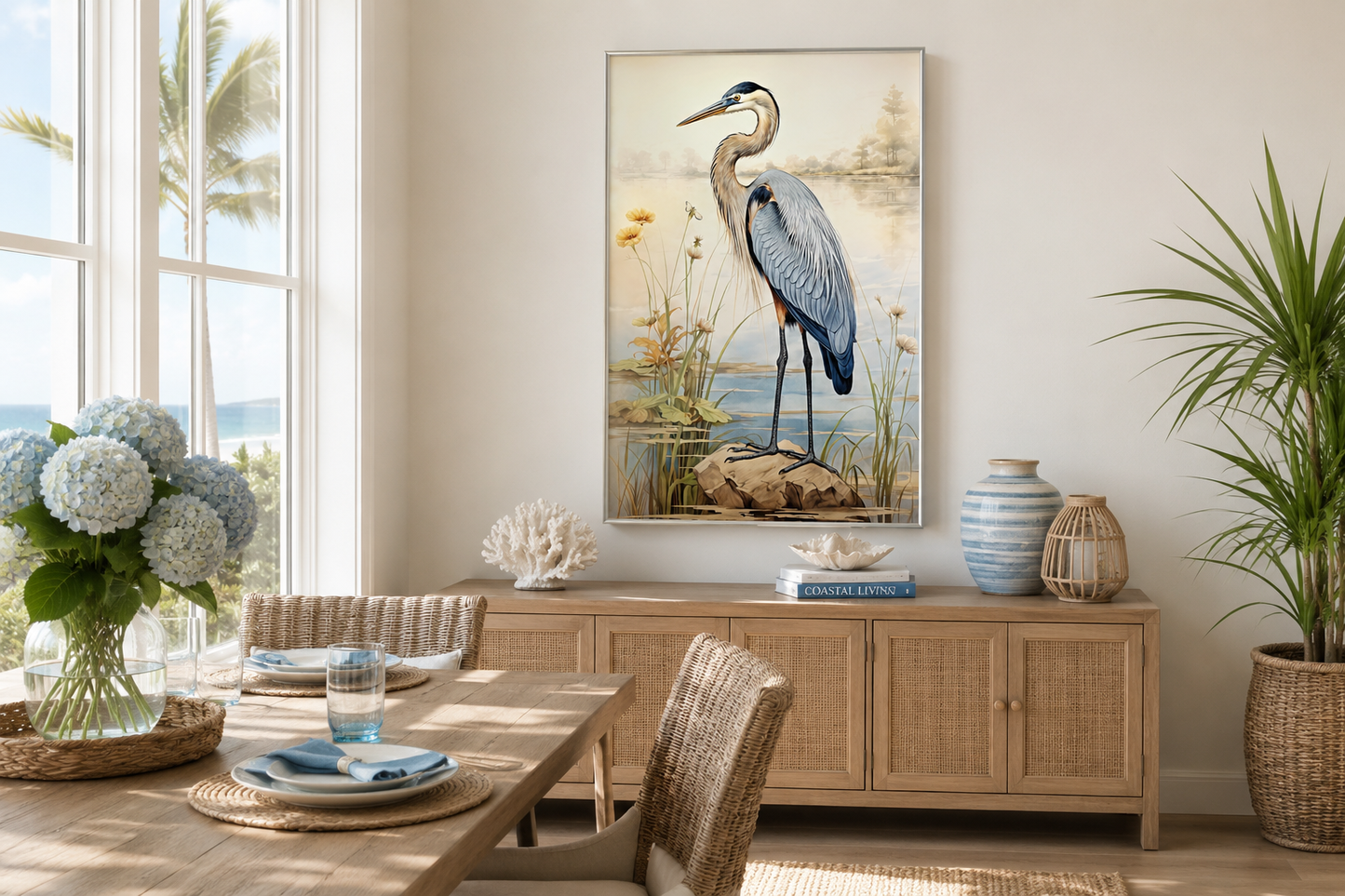 Blue Heron Vintage Framed Coastal Canvas Wall Art for Beach House
