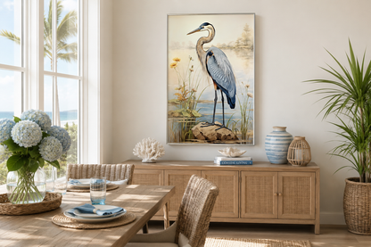 Blue Heron Vintage Framed Coastal Canvas Wall Art for Beach House