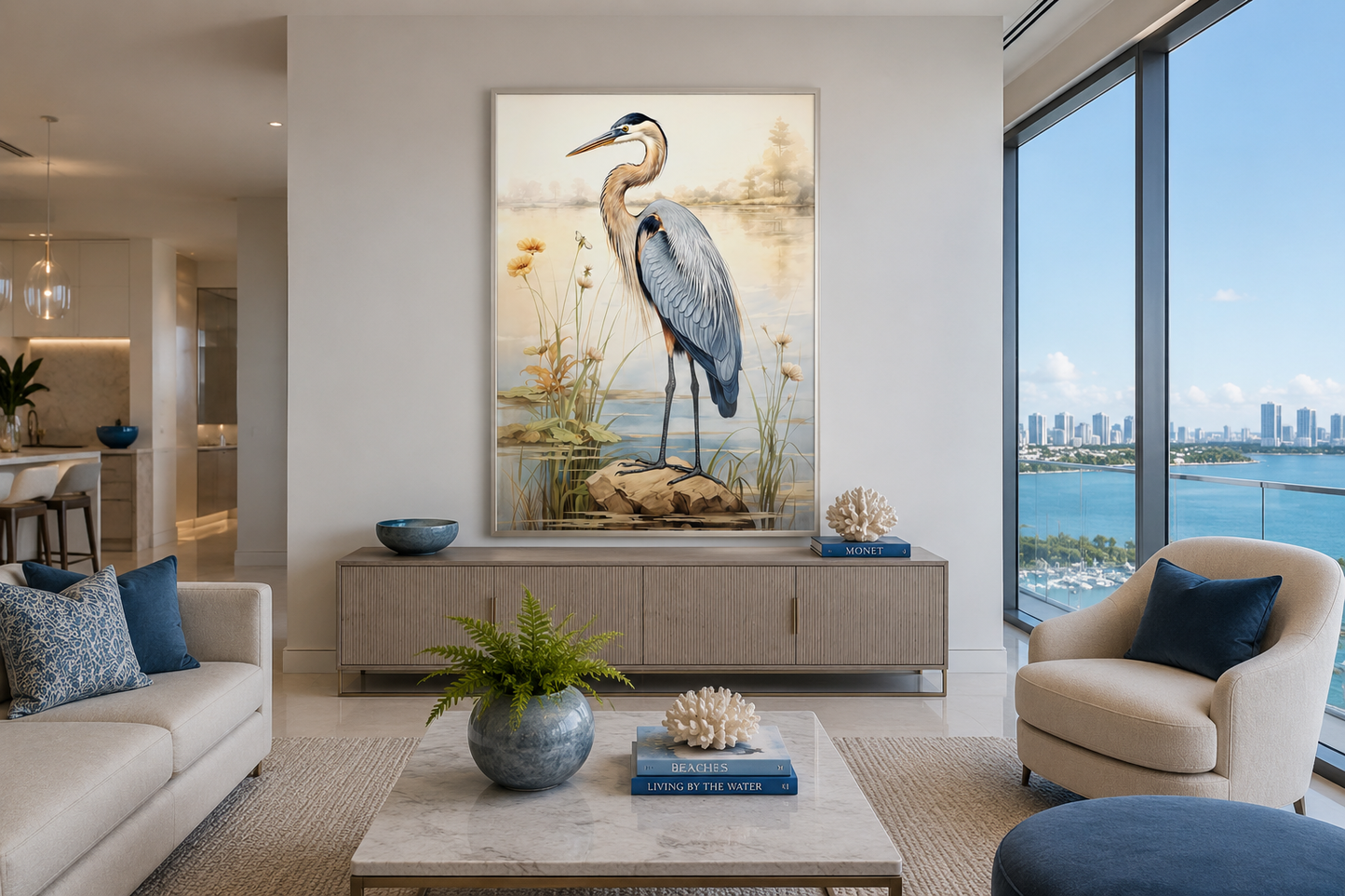 Blue Heron Vintage Framed Coastal Canvas Wall Art for Beach House