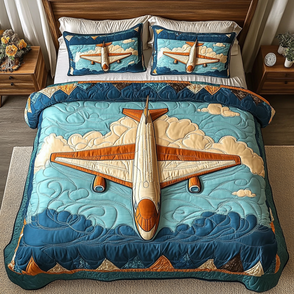 Blue Horizon Airplane 3-Piece Quilted Bedding Set - Single (59" x 70")