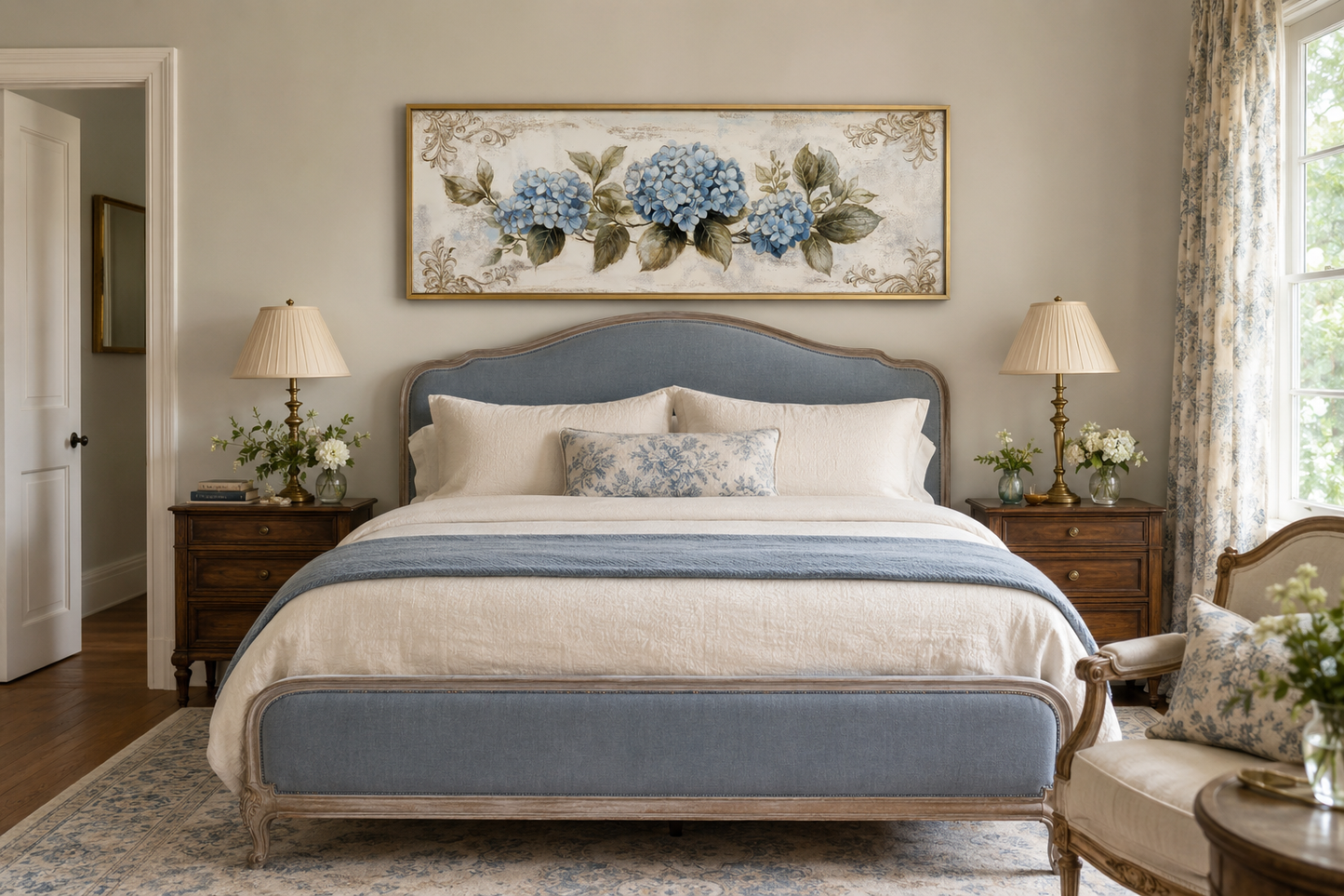 Shabby Chic Blue Hydrangea Long Horizontal Canvas Wall Art Above Bed Decor