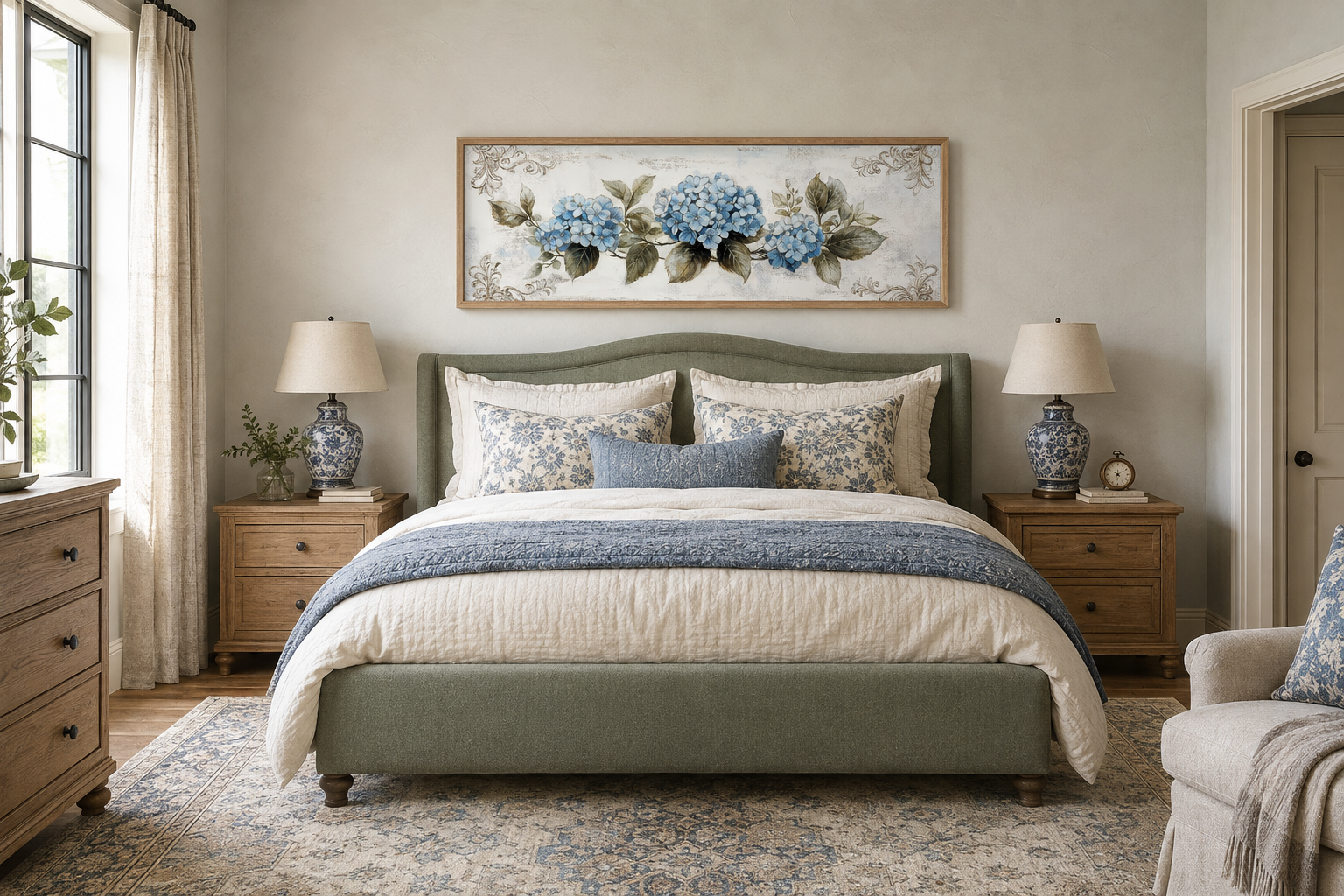 Shabby Chic Blue Hydrangea Long Horizontal Canvas Wall Art Above Bed Decor