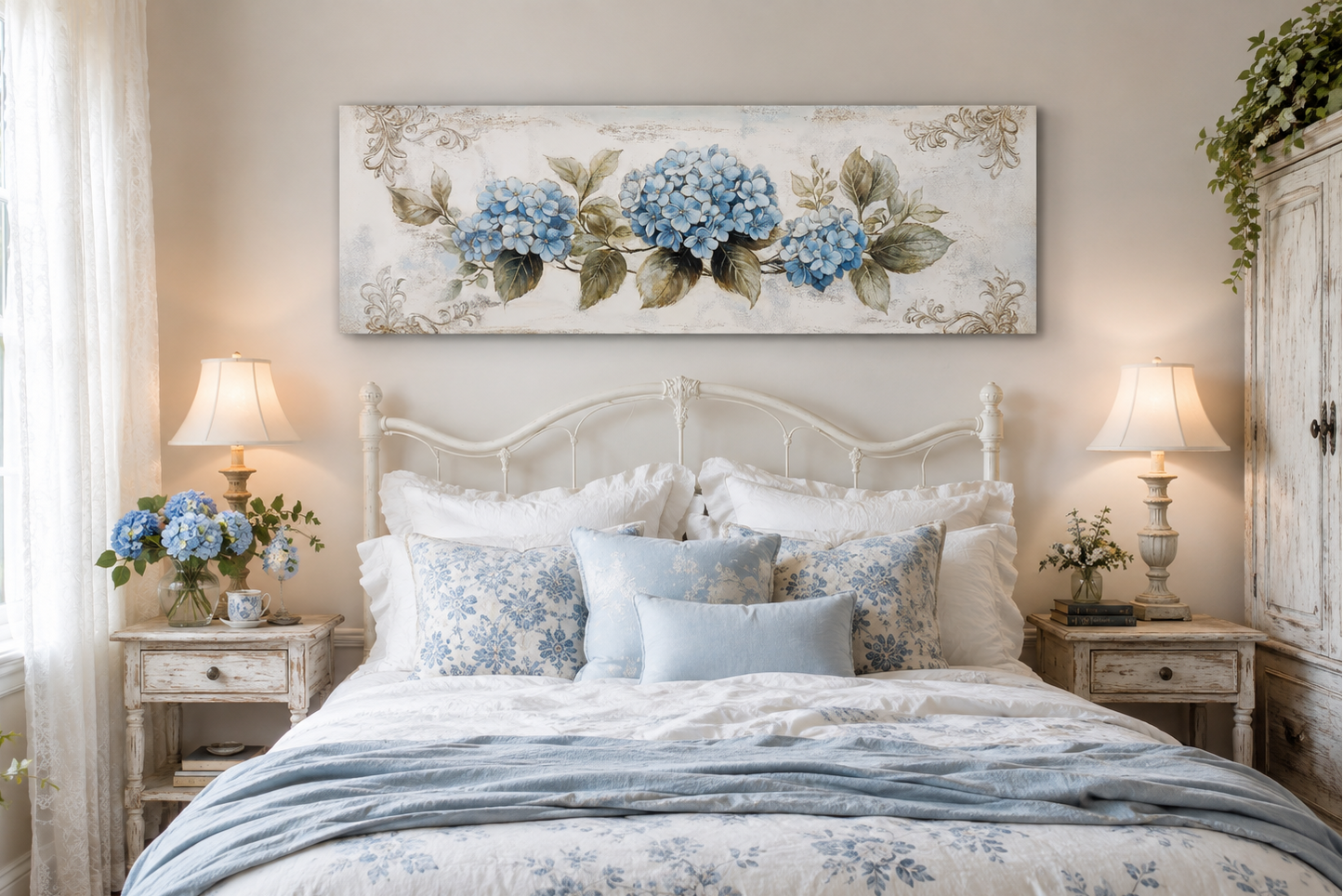 Shabby Chic Blue Hydrangea Long Horizontal Canvas Wall Art Above Bed Decor