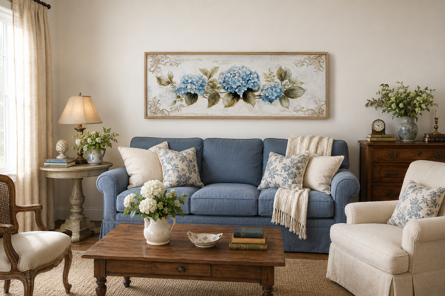 Shabby Chic Blue Hydrangea Long Horizontal Canvas Wall Art Above Bed Decor