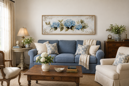 Shabby Chic Blue Hydrangea Long Horizontal Canvas Wall Art Above Bed Decor